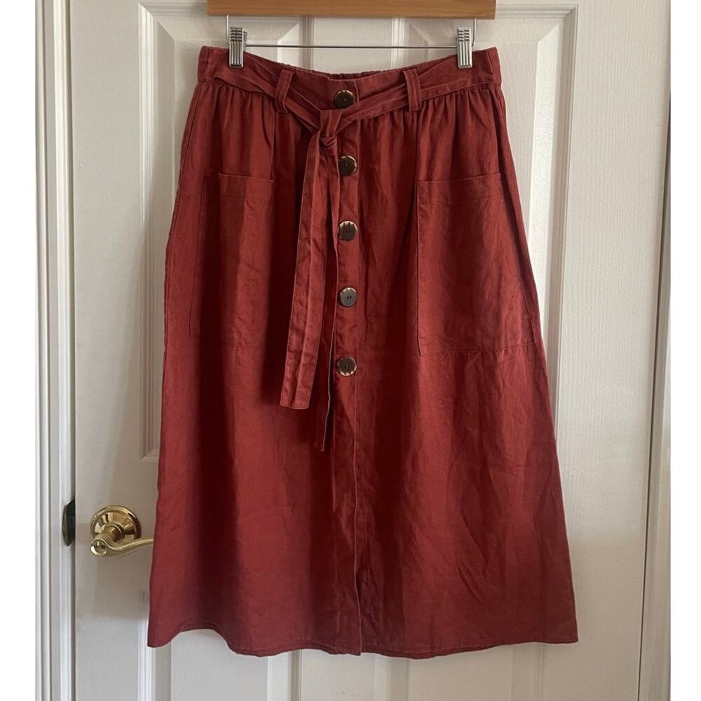 Marc New York Andrew Marc Rust Burnt Orange Linen Midi Skirt Pockets Size Small